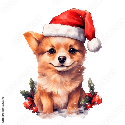 Cute Christmas dog face in red cap watercolor isolated illustration. AI generative