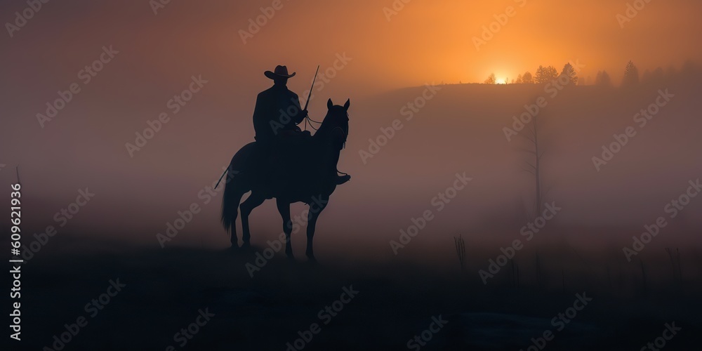 AI Generated. AI Generative. Wild west western native amrican cowboy texas lanscape adventure vibe. Fog mist morning. Graphic Art