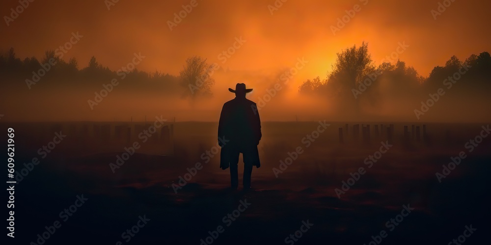 AI Generated. AI Generative. Wild west western native amrican cowboy texas lanscape adventure vibe. Fog mist morning. Graphic Art