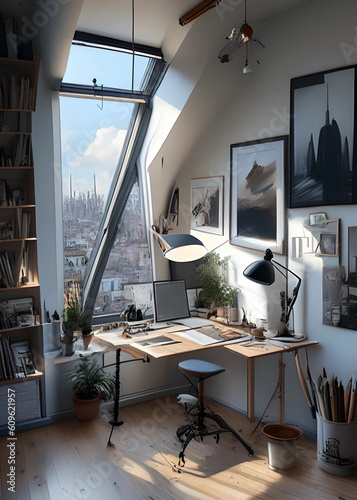 all room view setup of artist studio apartemet , painter difital focus on center wacom citiq V4