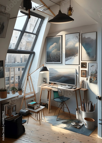 all room view setup of artist studio apartemet , painter difital focus on center wacom citiq V3