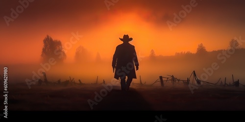 AI Generated. AI Generative. Wild west western native amrican cowboy texas lanscape adventure vibe. Fog mist morning. Graphic Art © Graphic Warrior