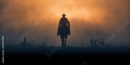AI Generated. AI Generative. Wild west western native amrican cowboy texas lanscape adventure vibe. Fog mist morning. Graphic Art © AkimD