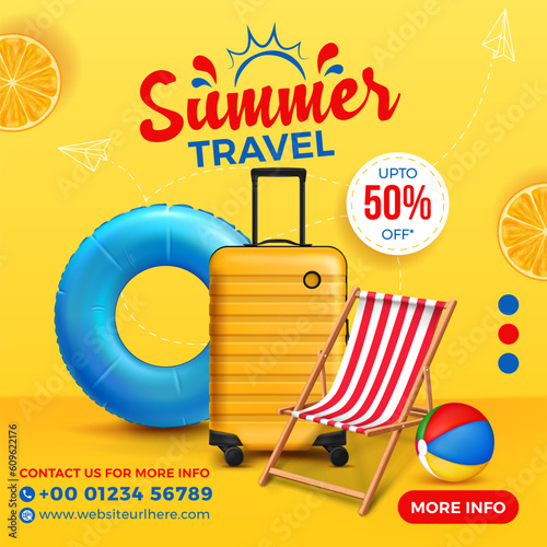 summer travel square banner design with suitcase, swiming ring, beach chair & beach ball