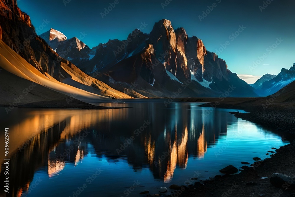 reflection of mountains at sunset
