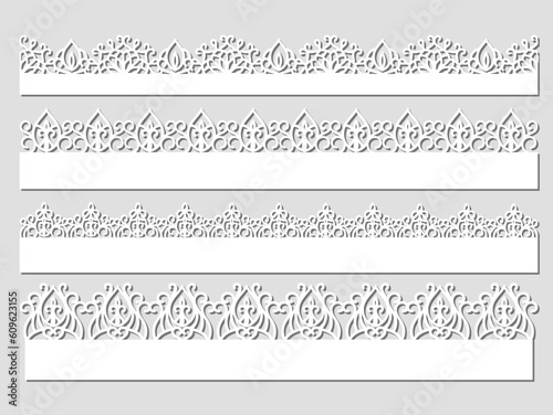 Collection of vertical seamless borders for design. Black lace silhouette isolated on white background. Suitable for laser cutting