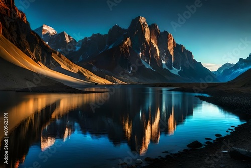 reflection of mountains at sunset