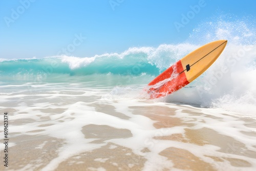 "Single Surfboard Floating on the Calm Waves of a Tropical Beach