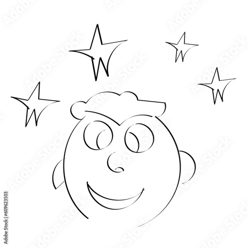 line sketch of a cross-eyed child with  bumps on head and surrounded by stars