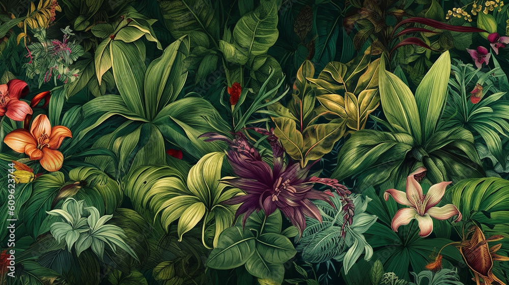 Wallpapermotiv im Dschungellook. Grüne Blätter, tropische Bumen, etc.
