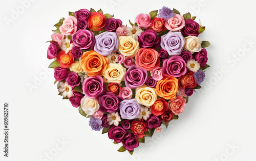 heart shaped rose bouquet, A romantic setting is established with a heart-shaped arrangement of vintage flowers and rose leaves. Generative AI