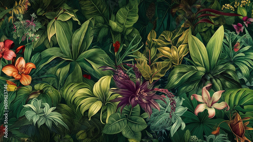 Wallpapermotiv im Dschungellook. Grüne Blätter, tropische Bumen, etc.
