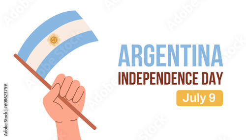 Argentina happy independence day greeting card, banner with flag in hand. Argentinian memorial holiday 9th of July