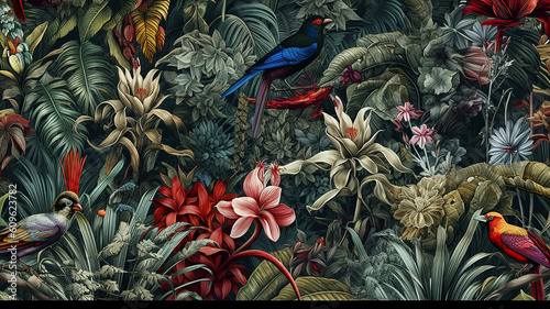 Wallpapermotiv im Dschungellook. Grüne Blätter, tropische Bumen, Vögel, etc.
 photo