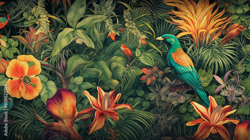 Wallpapermotiv im Dschungellook. Grüne Blätter, tropische Bumen, Vögel, etc.
 photo