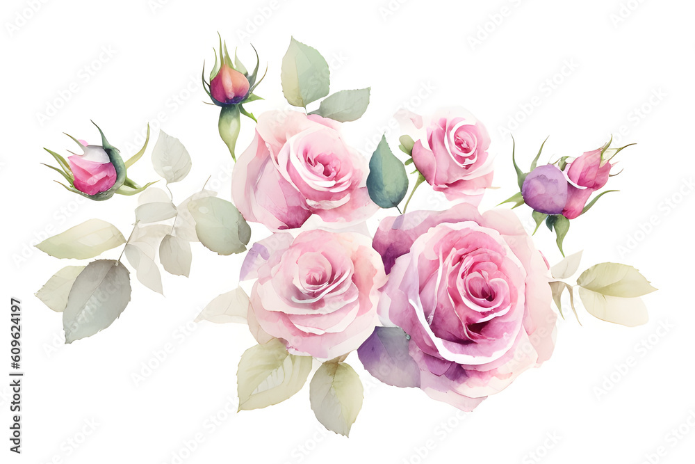 Watercolor Rose Flowers Isolated On White Background
