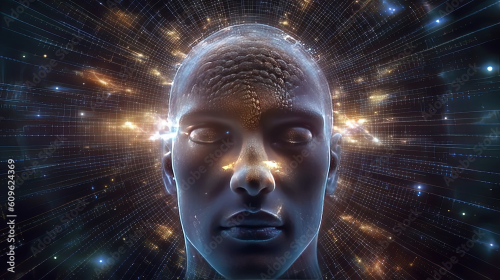 brain power concept illustration of close up human face with glitter glow light, Generative Ai brain power concept illustration of close up human face with glitter glow light, Generative Ai