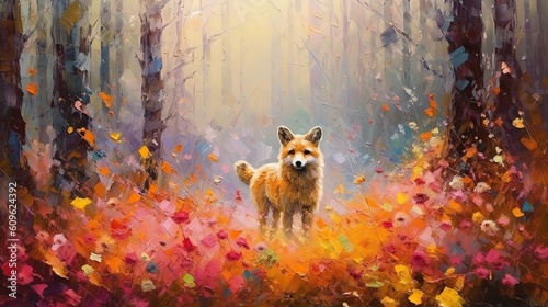 art illustration of cute fox in flower blossom atmosphere, Generative Ai