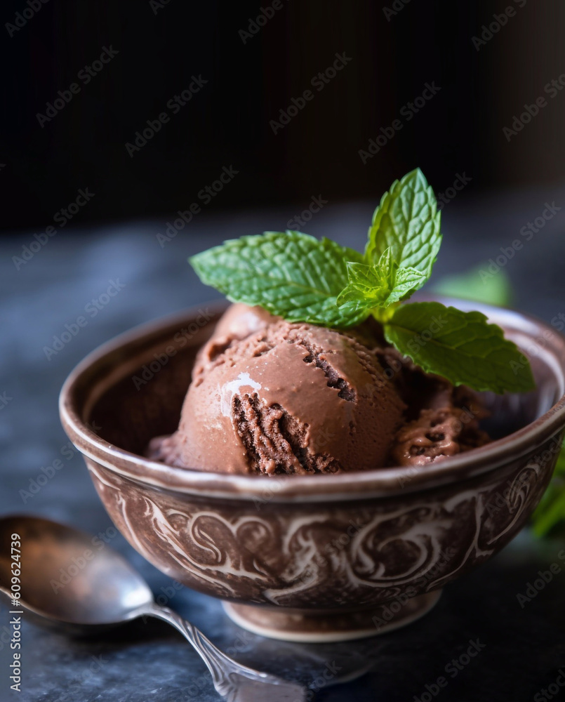 Bowl with ice cream on grey background, close up. Generative AI Bowl with ice cream on grey background, close up. Generative AI