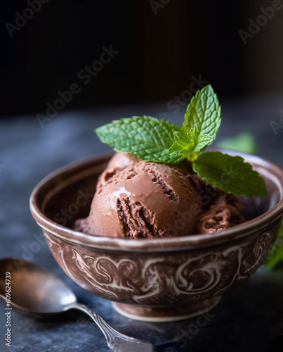 Bowl with ice cream on grey background, close up. Generative AI