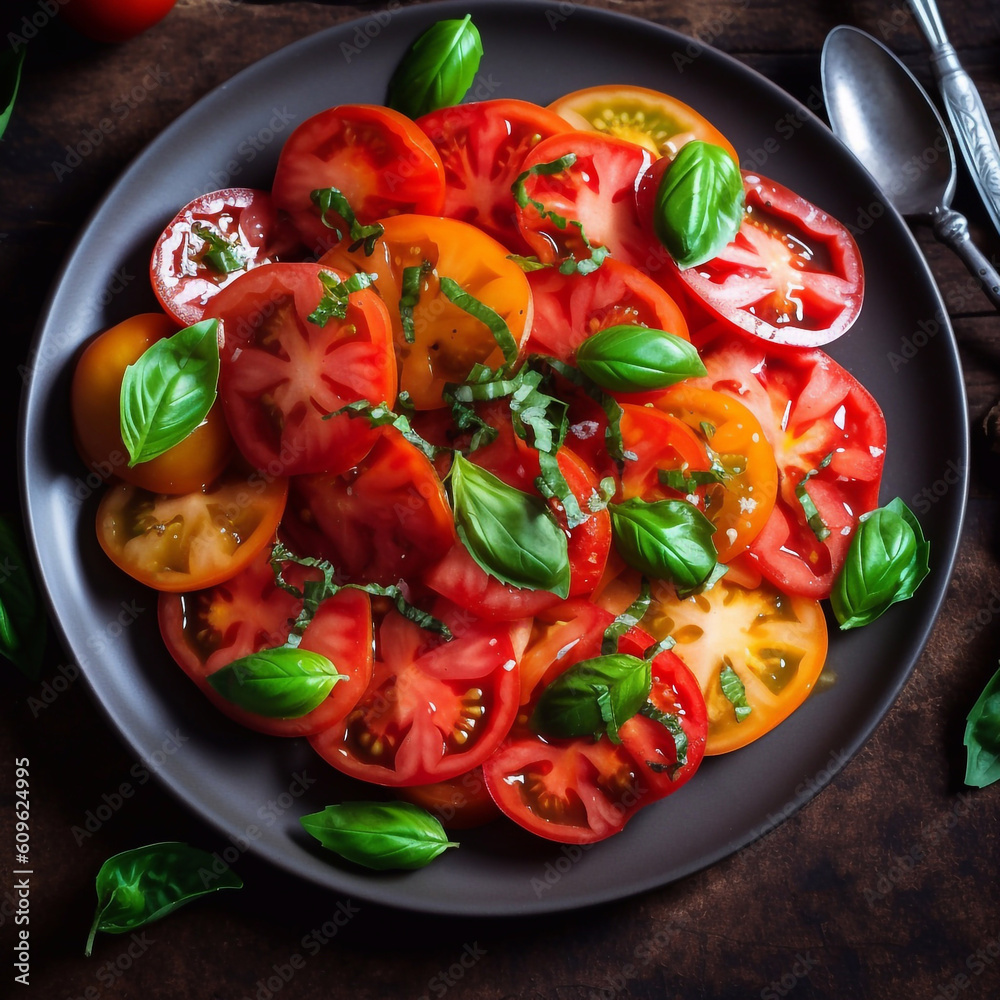 Cherry tomato salad with basil leaves. Generative AI