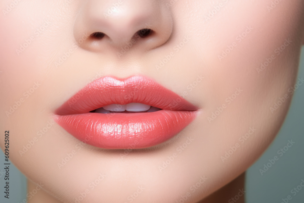 Closeup of enhanced female lips showcasing voluminous appearance