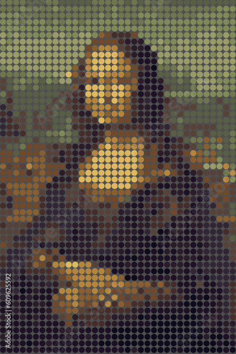 De Vinci Mona Lisa digital dots pixels version. Pixel art mona lisa la Joconde transparent backgound.