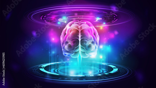 Blue and pink digital podium with artificial Intelligence computer database concept with neural network in form of hologram brain inside digital podium.