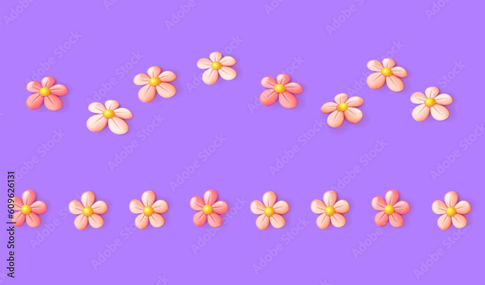 Garlands of 3D pink flowers. Floral borders. 3D vector objects