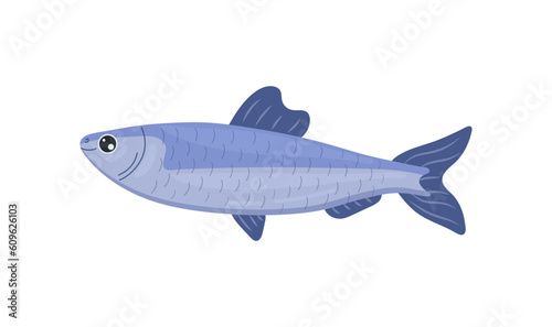 Blue fish salmon isolated on white background. Icon of fresh seafood trout. Ocean atlantic oily food. Aquarium element. Vector illustration