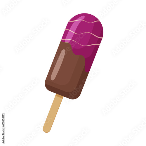 Ice cream covered with chocolate with fruit pink glaze on wooden stick. Ice cream eskimo dessert isolated on white background. Vector illustration