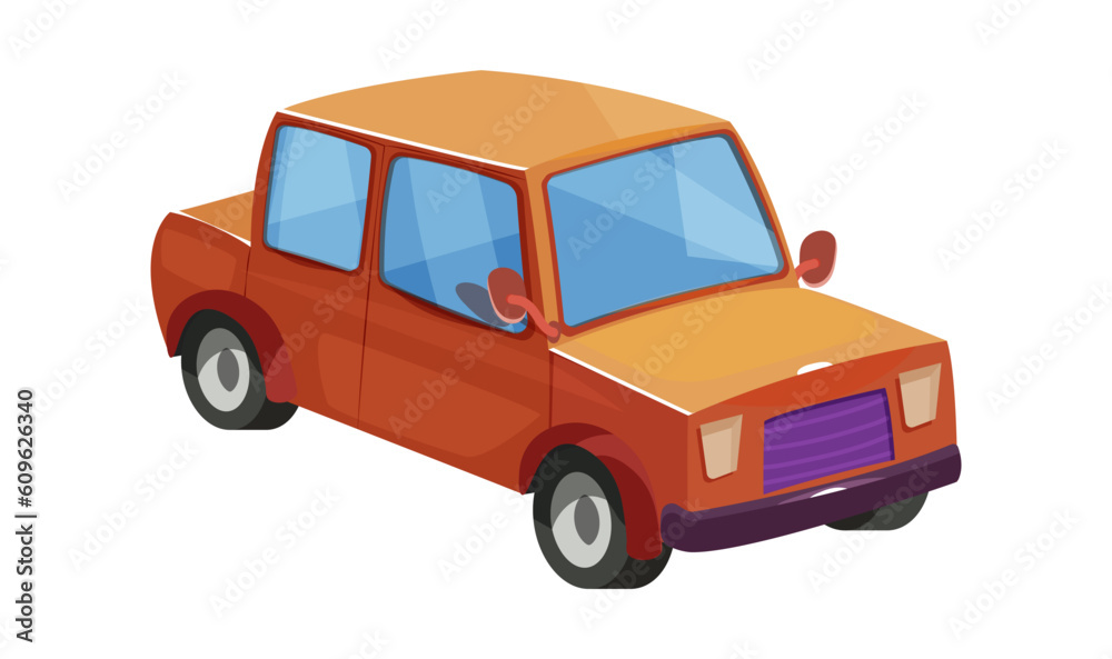 Red car toy isolated on white background. City vehicle in cartoon flat style. Automobile transport can be print for children education. Vector illustration