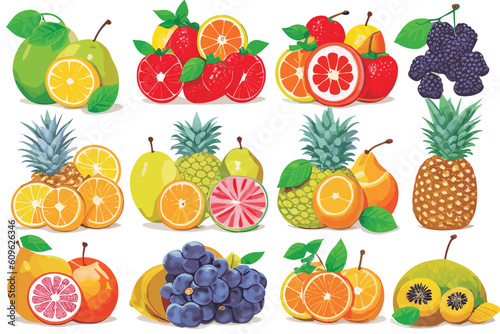 Fototapeta Naklejka Na Ścianę i Meble -  Vector set of exotic fruits and berries (lemon, pear, orange, pineapple, grape, mulberry, strawberry) with green leaves isolated on a white background.