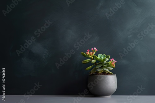 0412. Kalanchoe succulent in front of dark wall. Generative AI