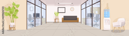 Modern office interior with big windows. Office furniture and plant on the floor. Workplace open space in big urban city. Nobody in empty room. Panoramic view of corporate. Flat Vector illustration