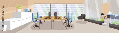 Modern office interior with big windows. Office furniture and plant on the floor. Workplace open space in big urban city. Nobody in empty room. Panoramic view of corporate. Flat Vector illustration
