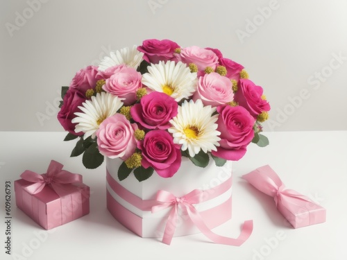 Beautiful bouquet of rose and chrysanthemums flowers and pink gift box on white table background