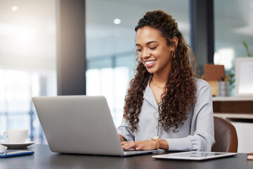 Happy, laptop and search with business woman in office for social media, networking and corporate. Smile, planning and technology with employee in digital agency for entrepreneur, internet and email