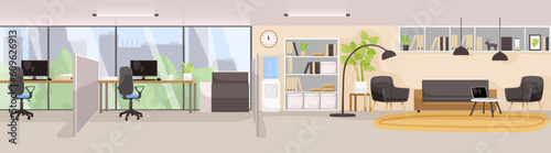 Modern office interior with big windows. Office furniture and plant on the floor. Workplace open space in big urban city. Nobody in empty room. Panoramic view of corporate. Flat Vector illustration