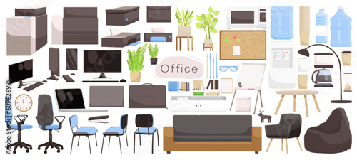 Set of office furniture computer, armchair, sofa, table, pouf, plant. Workplace design elements for open space office in urban city. Collection of icons for business cabinet. Flat Vector illustration