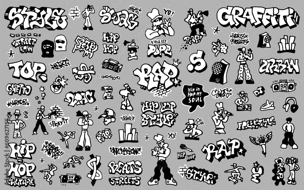rap graffiti style background doodle illustration , isolated vector symbols
