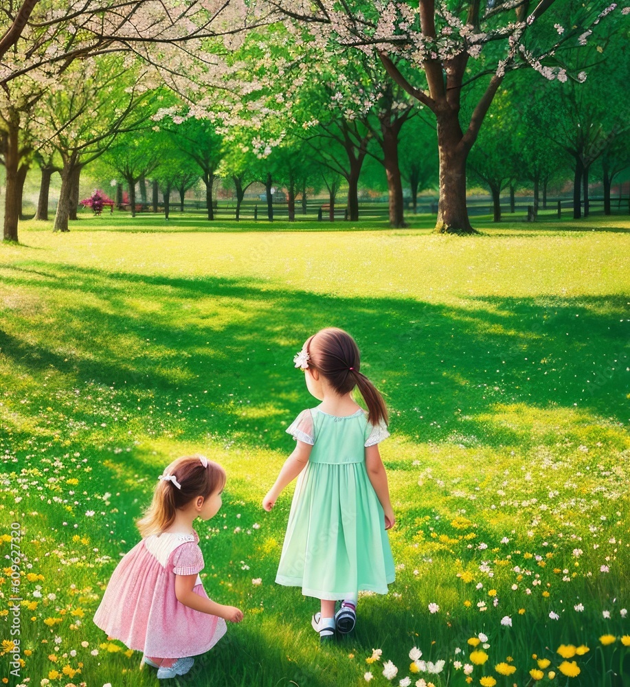 A cute little Girl is enjoying the spring greenery in the park, children's picture book illustrations, Generative AI Art Illustration 08 A cute little Girl is enjoying the spring greenery in the park, children's picture book illustrations, Generative AI Art Illustration 08