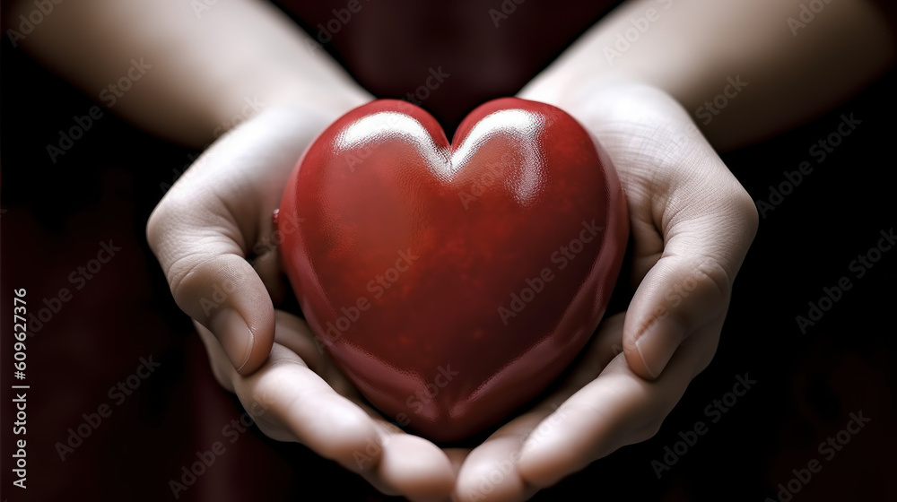 Hands holding a red heart created with generative AI technology Hands holding a red heart created with generative AI technology