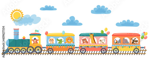 Cute animals on funny train. Happy children animal in railroad. Little zoo pets ride on toy locomotive. Elephant  giraffe  monkey and lion in transportation train. Cartoon Vector illustration