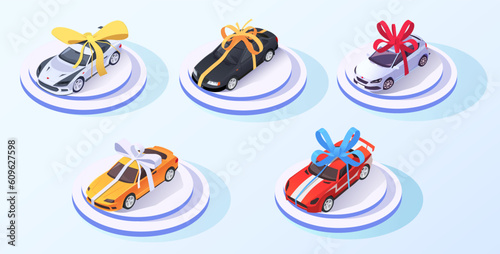 Car gift concept. Automobile with bow ribbon. 3D isometric design. Best offer cars for sale, rent, template. Isolated on white background. Presentation, show speed race vehicle. Vector illustration