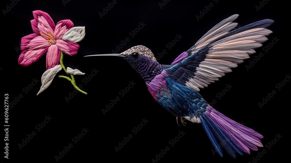 Fototapeta premium Yarn painting of Hummingbird in flight with purple, pink flower isolated on black background. Generative AI