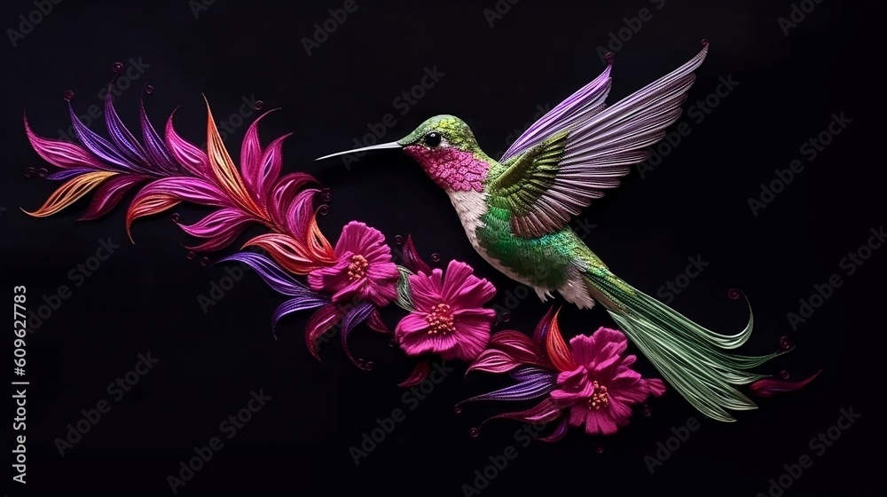 Obraz premium Yarn painting of Hummingbird in flight with purple, pink flower isolated on black background. Generative AI