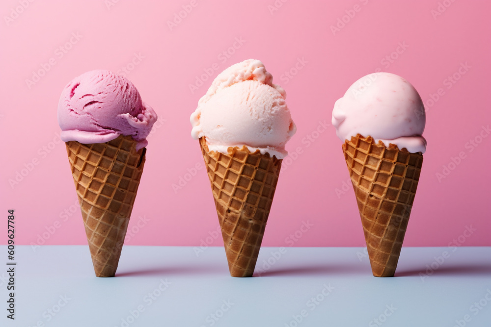 Multiple ice creams in a cone on a pink background created with AI generative tools Multiple ice creams in a cone on a pink background created with AI generative tools