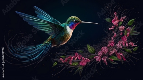 Yarn painting of Hummingbird in flight with purple, pink flower isolated on black background. Generative AI