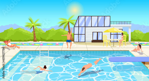 Men and women enjoy in luxury hotel resort. Summer time weekend in swimming pool. Young people have sunbathing and fun in pool activity. Landscape of water park lounge area. Vector illustration